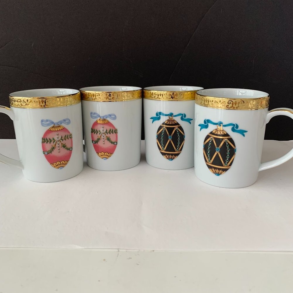 SET OF 4 GOLD BUFFET ROYAL GALLERY 1991 HOLIDAYS FABERGE EGG CUPS MUGS NOT USED